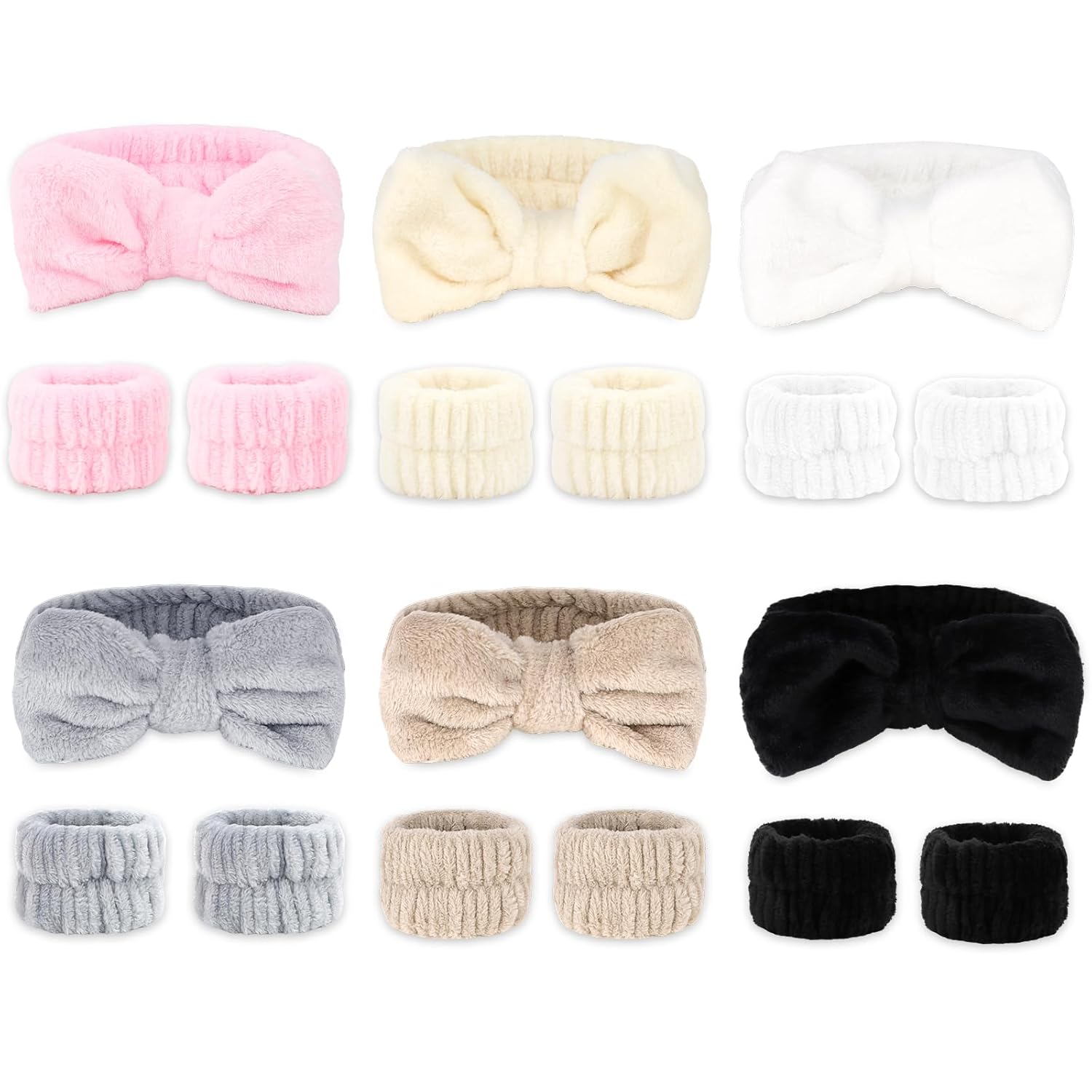 Wecoe 6 Pack Spa Headbands and Wristbands Set for Washing Face Makeup Skincare Cute Soft Bow Hairbands Wrist Towels Sleepover Party Supplies Gifts Christmas Stocking Stuffers for Women Girls