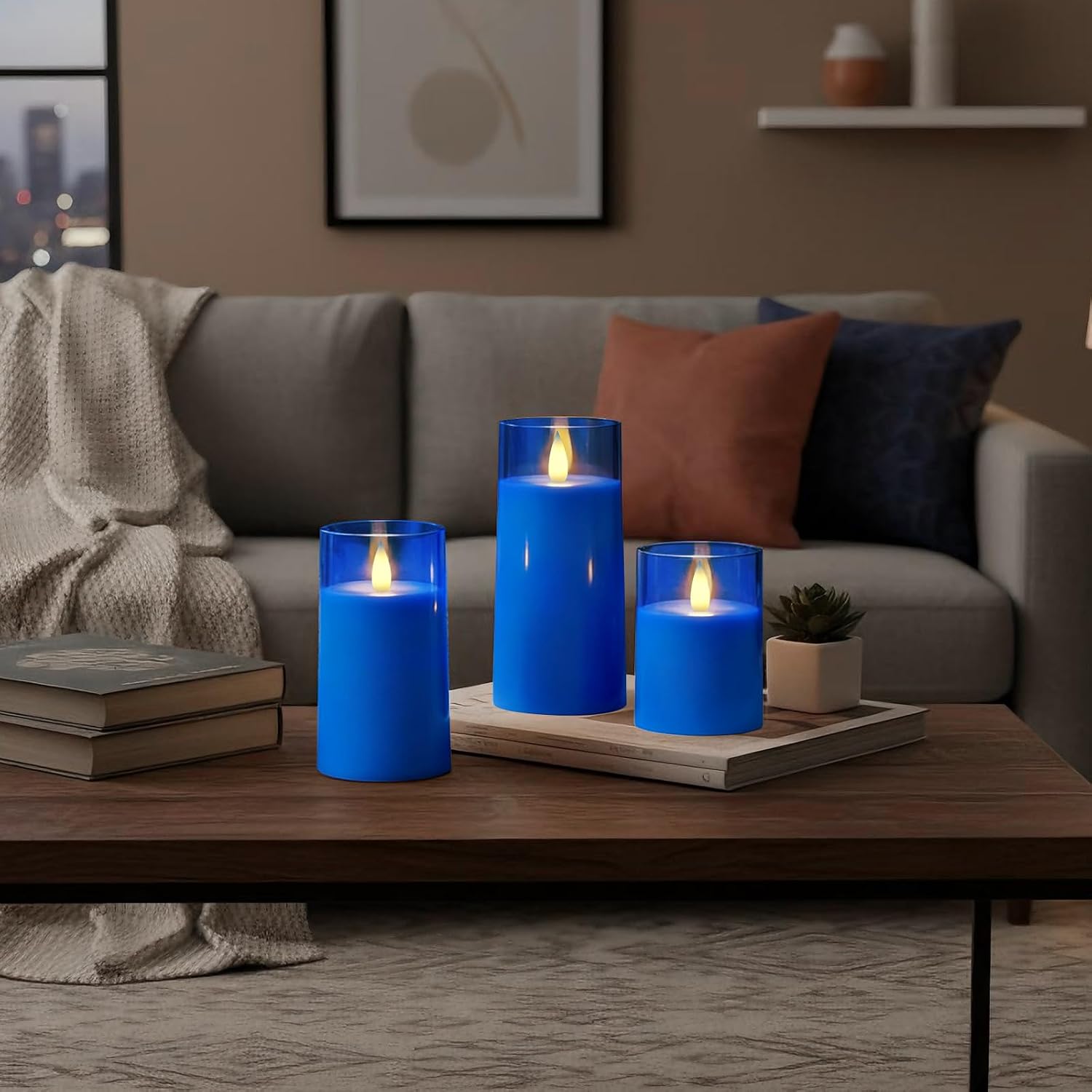 Raycare Flameless Electronic Pillar Candles with Remote Control and Timer- Battery Operated Realistic Flickering LED Fake Candle for Home, Wedding, Valentine's Day Decor,Blue,Set of 3(3"x4"5" 6")