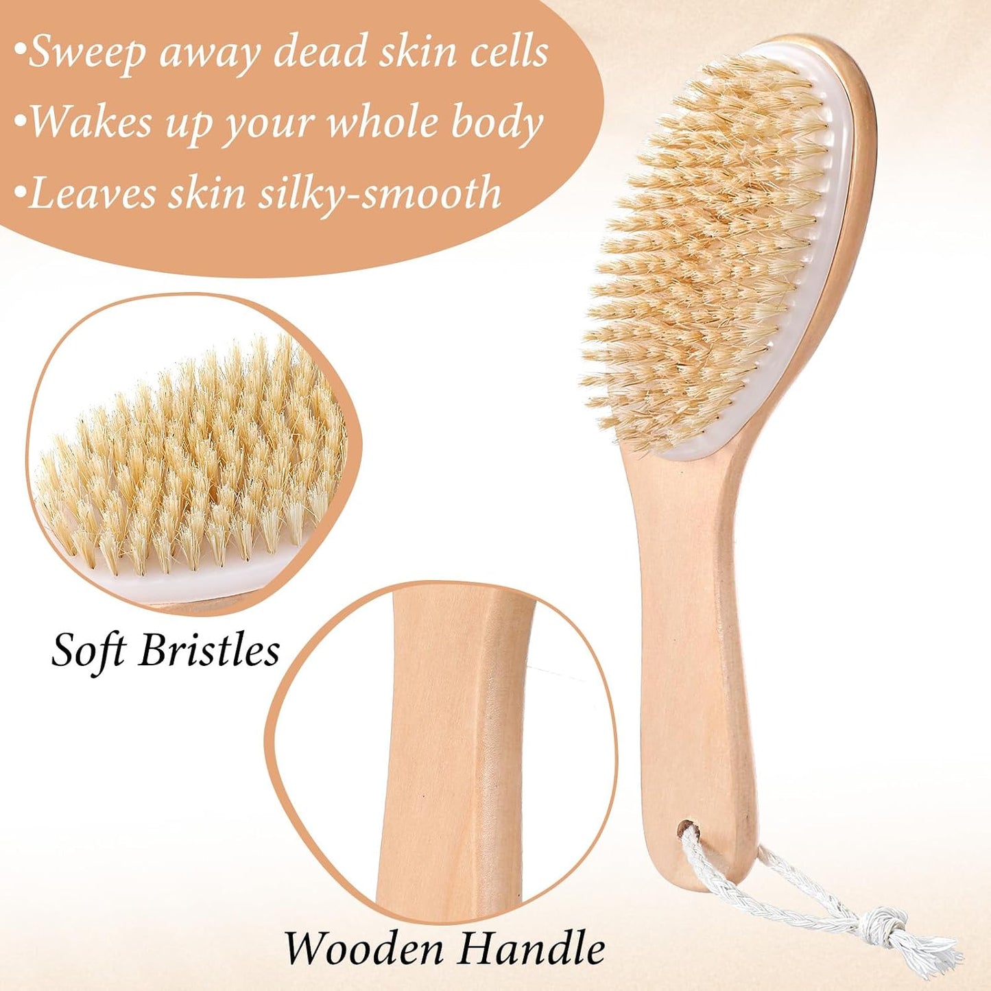 8 Pcs Dry Brushing Body Brush, Body Scrub Brush Natural Boar Bristle with Contoured Wooden Handle for Back Legs Feet Exfoliates Dead Skin