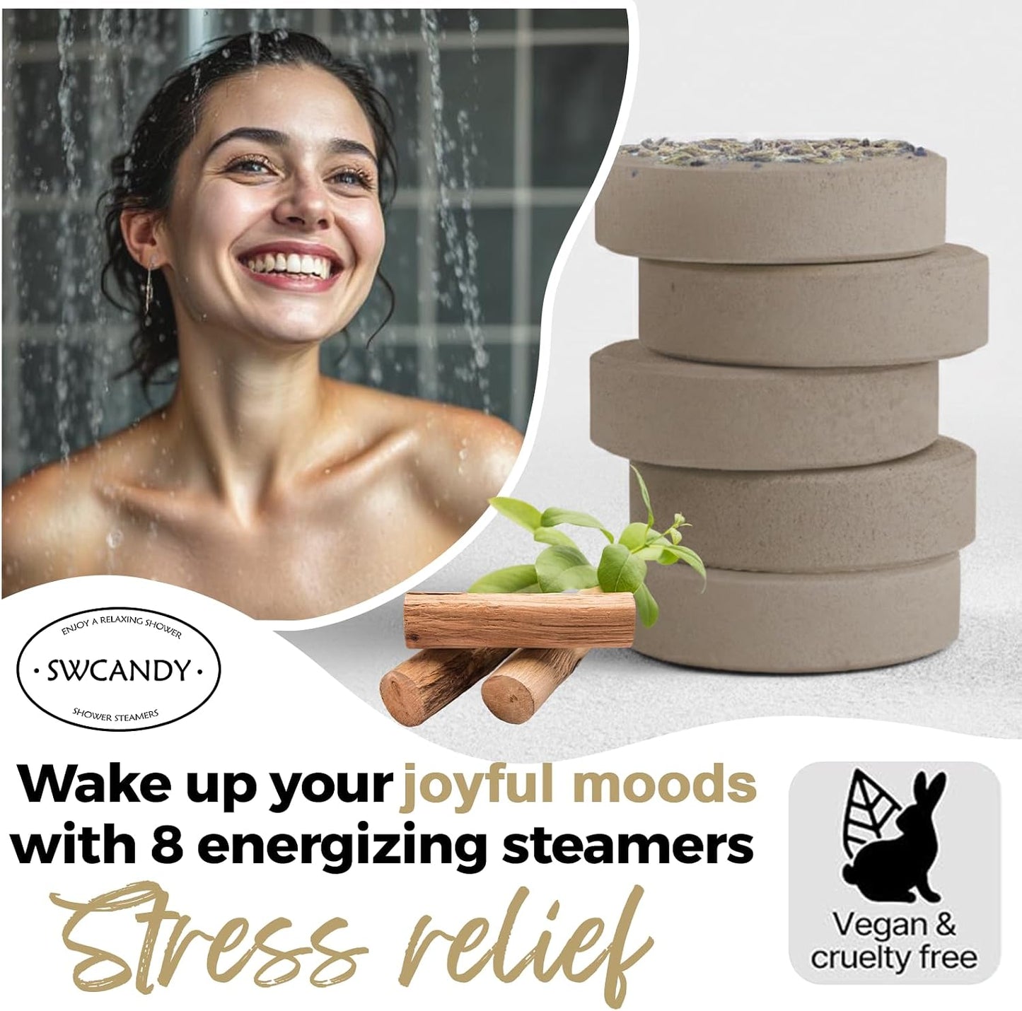 SWCANDY Shower Steamers Aromatherapy Birthday Gifts for Women Travel Essentials, 8 Pcs Sandalwood, Bath Bombs Shower Bombs with Natural Essential Oils, Relaxation Home SPA