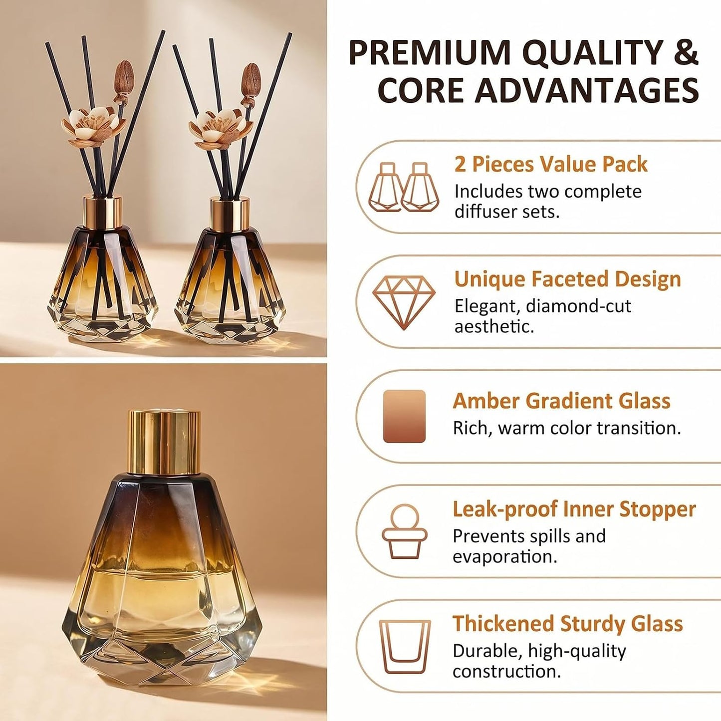 2Pcs 60ml/2oz Diffuser Bottles Empty Refillable Glass Diffusers Jars Aromatherapy Container Fragrance Accessories Use for DIY Replacement Diffuser Sticks Home Bathroom Decor