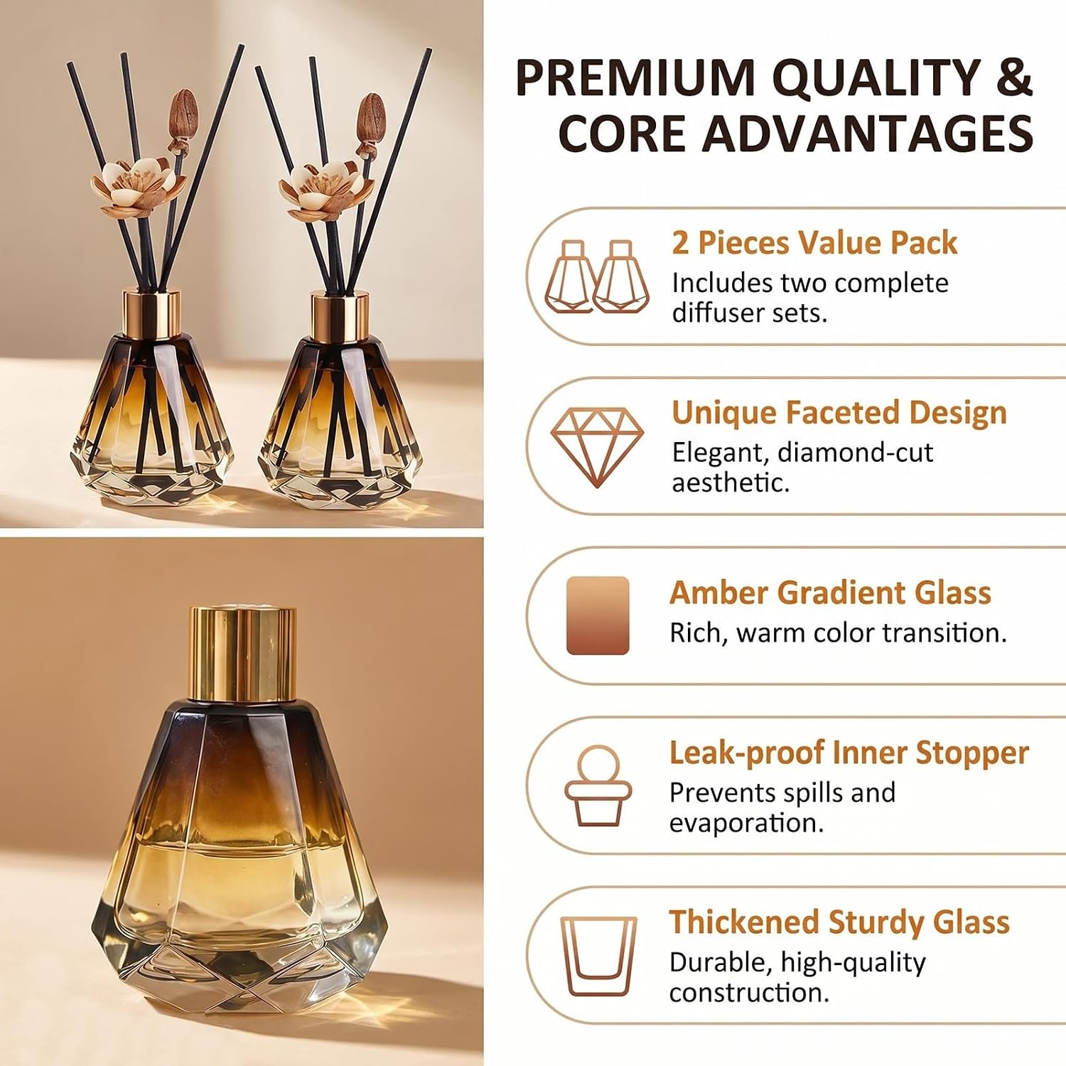 2Pcs 60ml/2oz Diffuser Bottles Empty Refillable Glass Diffusers Jars Aromatherapy Container Fragrance Accessories Use for DIY Replacement Diffuser Sticks Home Bathroom Decor