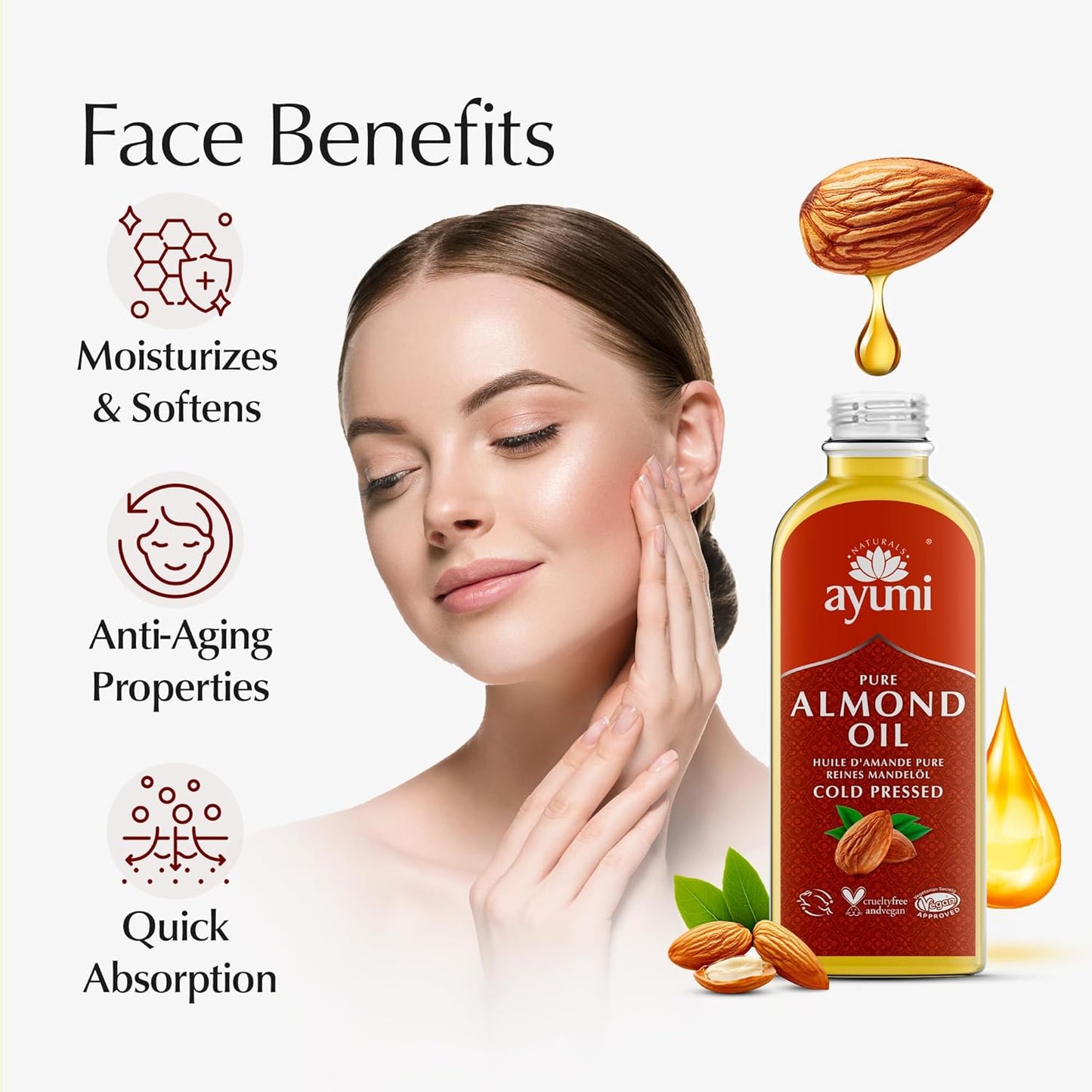 Ayumi Sweet Almond Oil with Vitamin E | Natural Stretch Mark Oil for Scar Treatment | Almond Hair Oil for Dry Hair | FaceOil for Dry Skin | Vegan NailOil & Cuticle Oil for Skin Care | 5.3 Fl oz