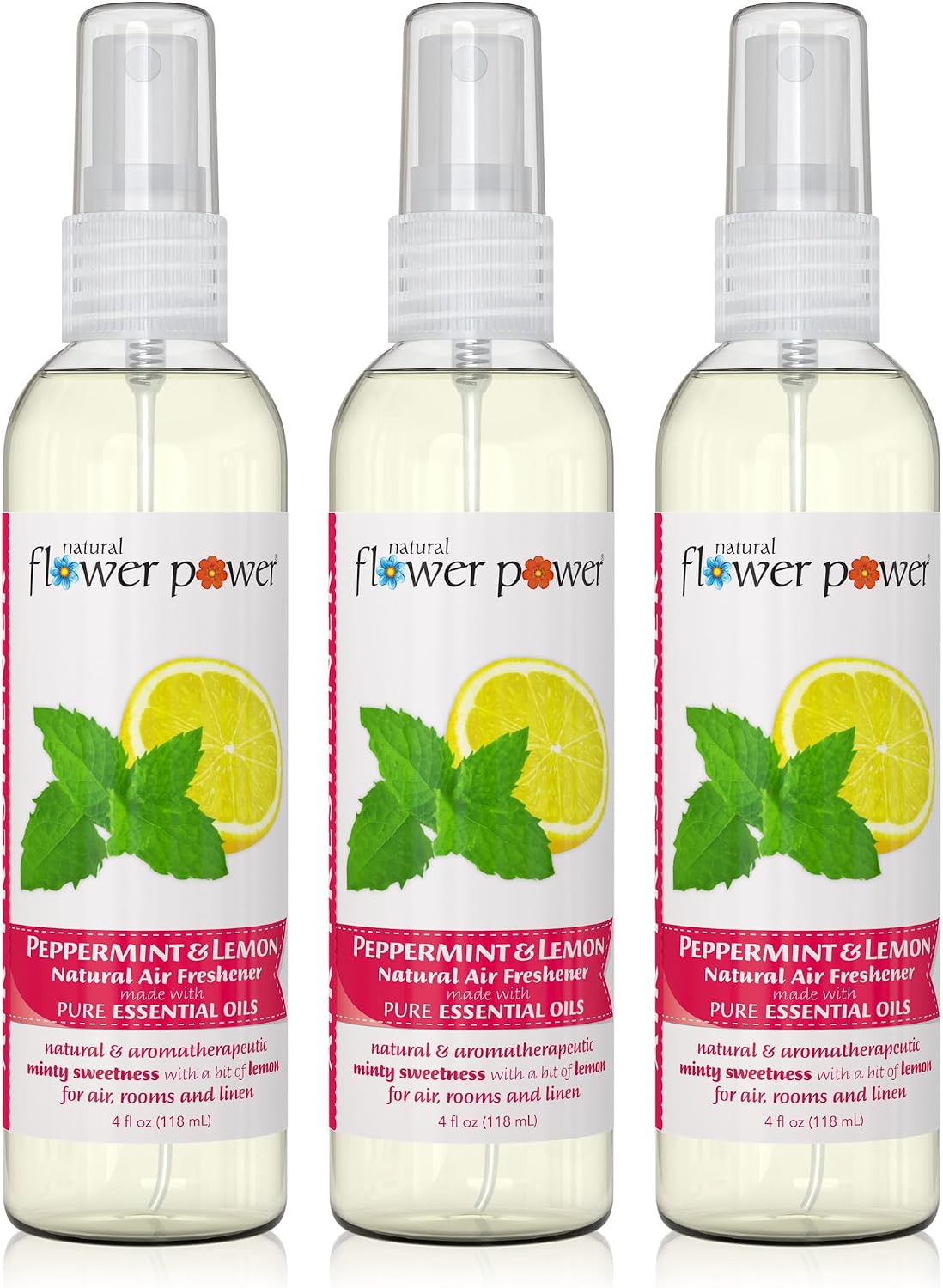 Natural Flower Power Air Freshener Spray - Odor Eliminator with Essential Oils for the Home, Car & Fabric - Cruelty Free & Vegan - Peppermint & Lemon - 3 x 4 oz