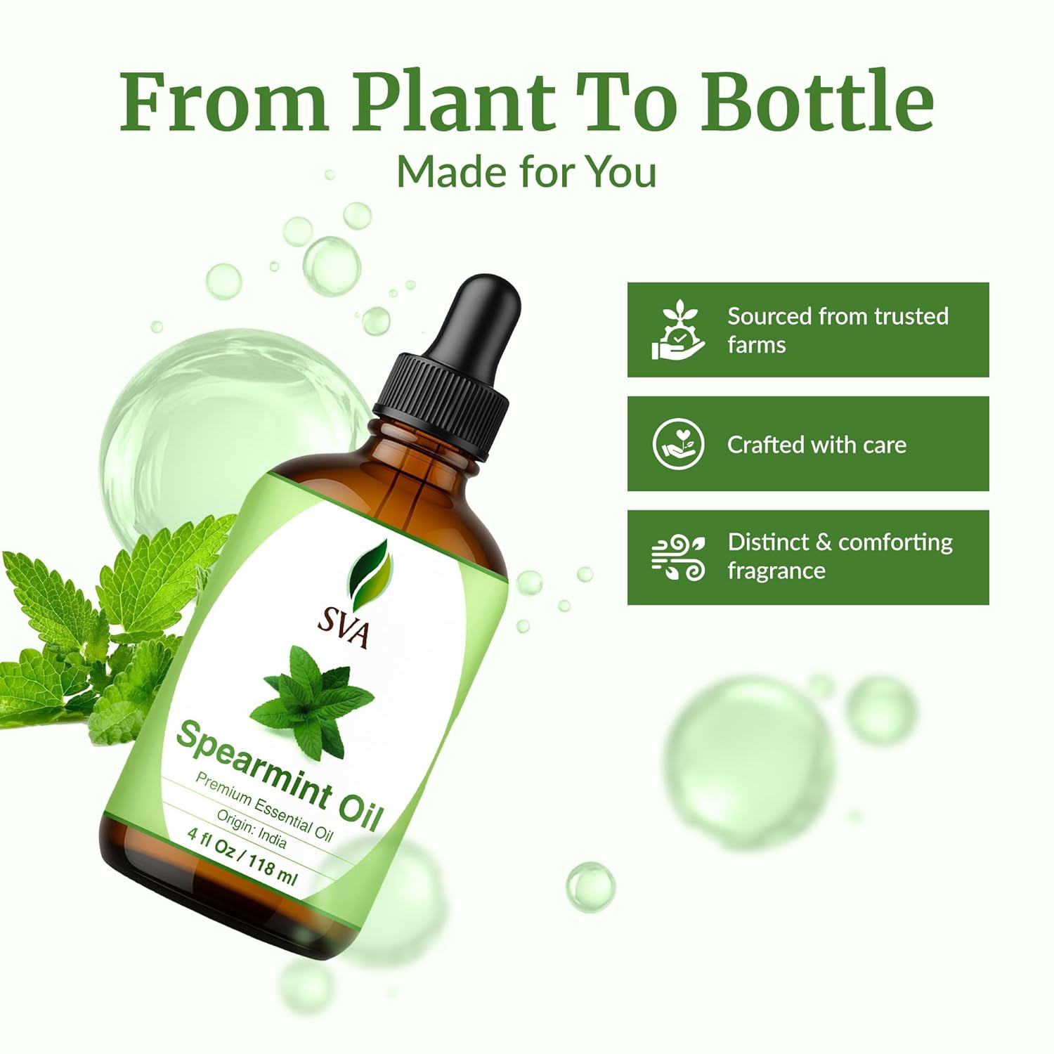 SVA Spearmint Essential Oil 4 Oz with Dropper 100% Pure Natural Undiluted Premium Therapeutic Grade Oil for Diffuser, Aromatherapy, Face, Body & Hair Care