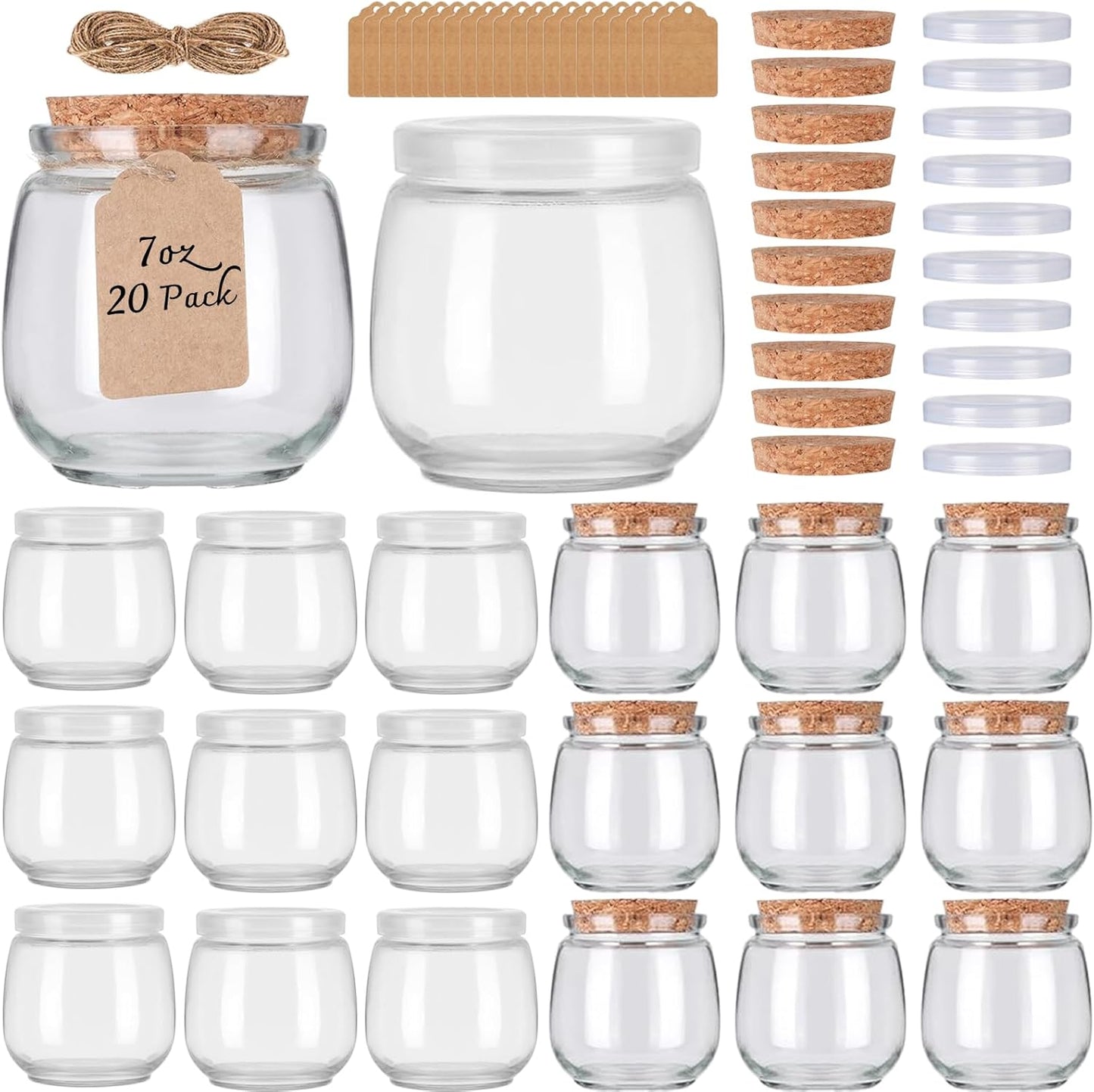 NEWMIAO 20 Pack 7 oz Glass Yogurt Jars with Cork Lids and PE Lids, Glass Pudding Jars Candles Jars, Small Containers for Wedding Favors, Milk, Jam, Honey, Cake, Spices and DIY Gift