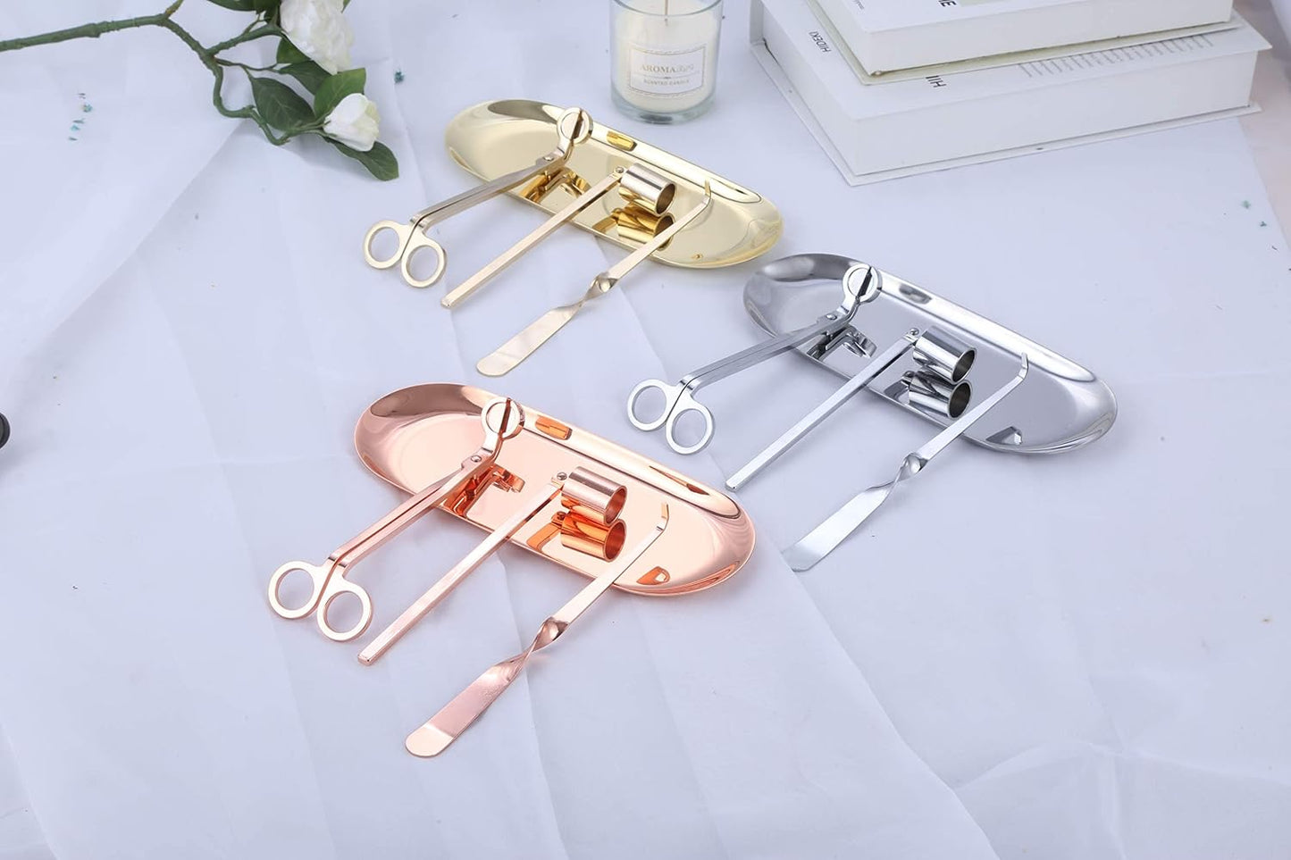 MUXSAM 4 in 1 Candle Accessory Set - Candle Wick Snuffer, Trimmer, Dipper & Storage Tray - Rose Gold