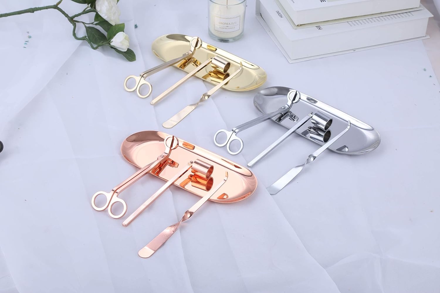 MUXSAM 4 in 1 Candle Accessory Set - Candle Wick Snuffer, Trimmer, Dipper & Storage Tray - Rose Gold