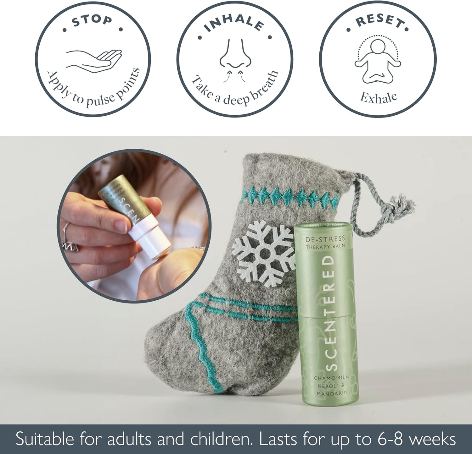 Scentered Aromatherapy De-Stress Balm Christmas Stocking Gift for Stress Relief - Essential Oil Roll On with Chamomile & Rosemary - Calming Relaxation - Self-Care Stocking Stuffers for Women