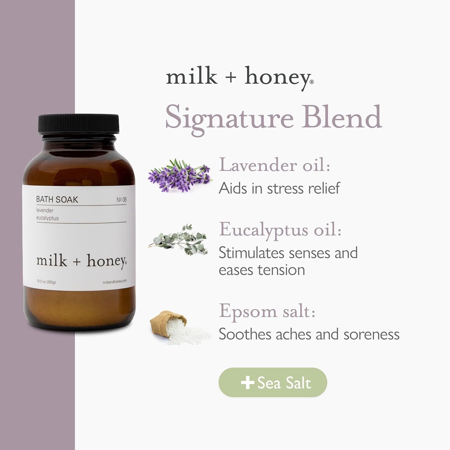 Milk + Honey Calming Bath Soak No. 8 – Moisturizing Epsom Salt with Lavender & Eucalyptus – Relaxing Aromatherapy Soak for Sore Muscles, Dry Skin & Stress Relief – 10 oz