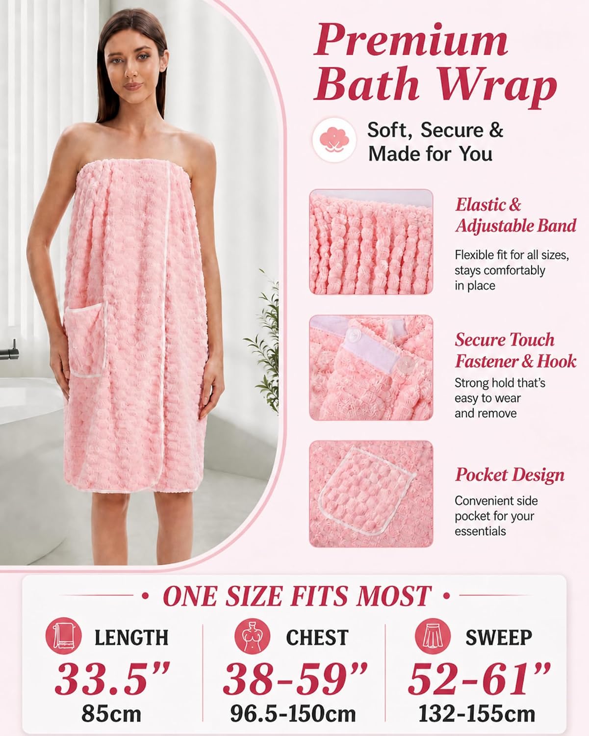 Gilprop Women's Towel Wrap with Large Hair Towel, Adjustable Button Closure Spa Shower Robe, Quick Dry Absorbent Microfiber Bathrobe, Pink Body and Hair Wraps Set for Home Hotel Pool Travel Beach