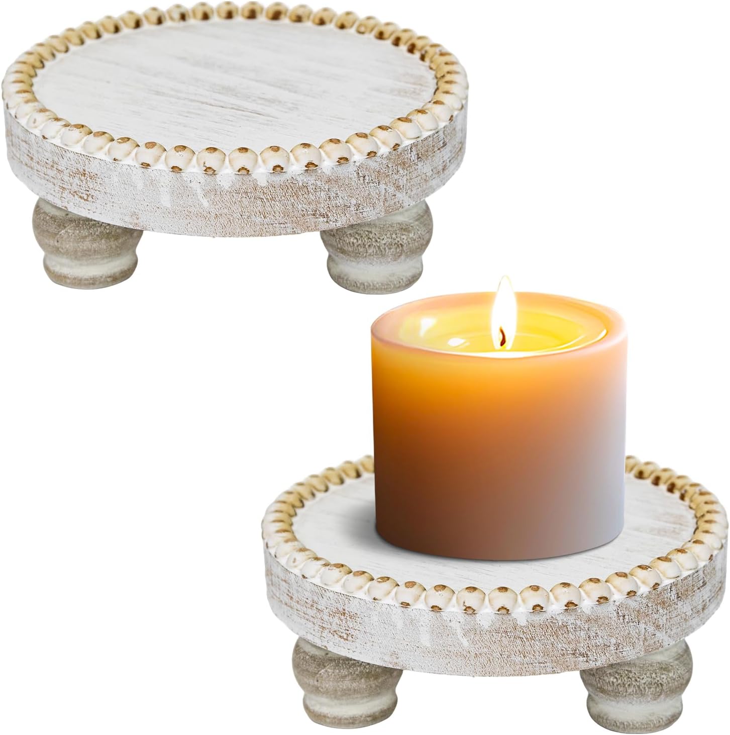 Small Wood Risers for Decor, Round Wooden Display Risers Candle Plates and Trays, Farmhouse Candle Trays Home Decor, Pedestal Stand for Mini Cake, Mug Display Decorative, Table Centerpiece, White