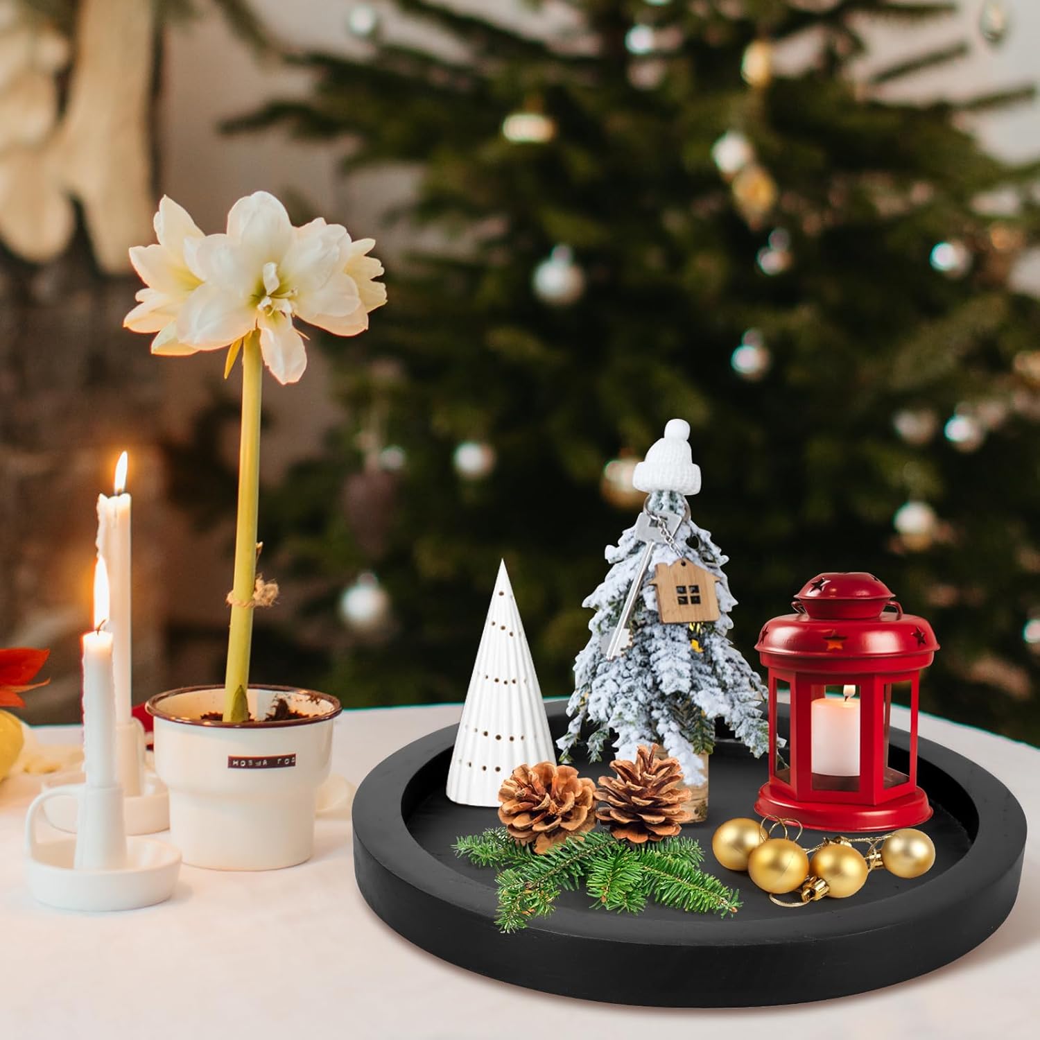 Round Decorative Tray for Coffee Dining Table Countertop Small Wooden Serving Trays Farmhouse Kitchen Home Living Room Decor and Bathroom Accessories Tray Black Rustic Wood Candle Centerpiece Trays