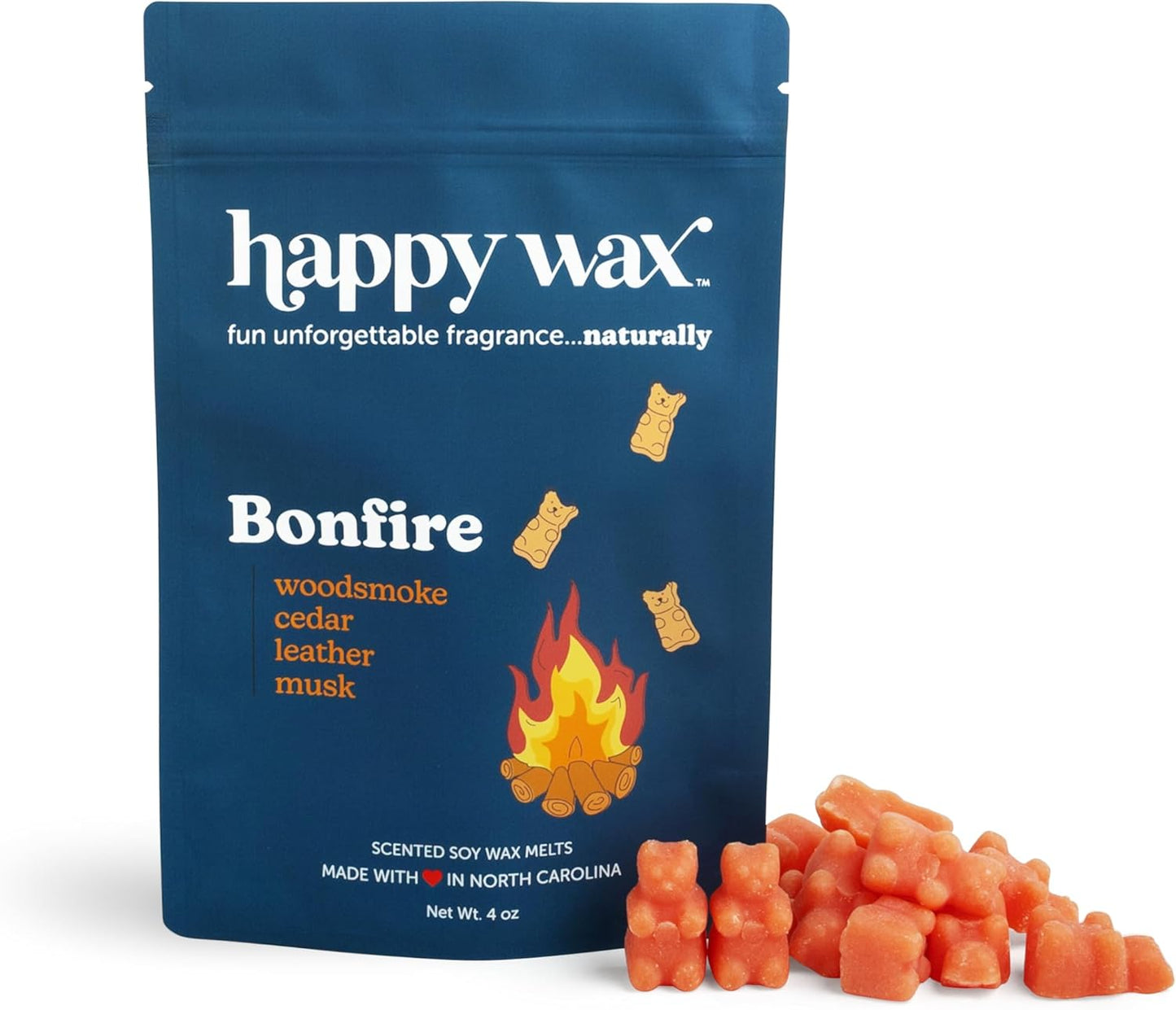 Happy Wax Bonfire Scented Bear Wax Melts - Natural Strong Scented Woodsy Infused with Essential Oils - Non Toxic & Pet Safe - (4 oz Pouch)