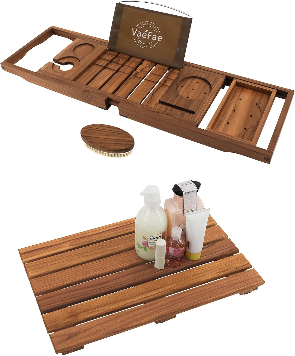 Teak Bathtub Tray and Teak Shower Mat S Bundle