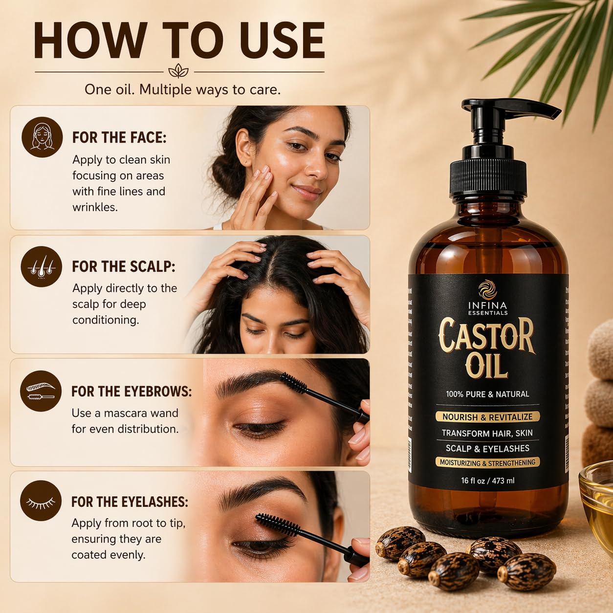 INFINA ESSENTIALS Pure Cold Pressed Castor Oil - Hexane Free, Glass Bottle for Hair Growth, Face, Scalp, Skin & Eyelashes - Nourishing and Moisturizing - 16 fl oz