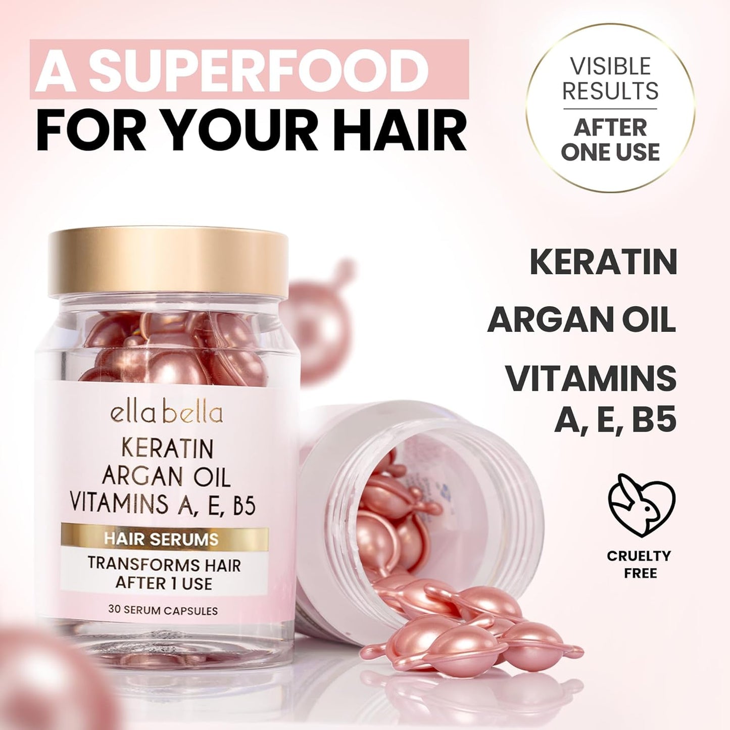 ELLA BELLA® Keratin Hair Serum with Argan Oil & Vitamins A, E, B5 – Anti-Frizz Hair Treatment & Night Repair – Hair Vitamins for Women for Smooth, Shiny, Frizz-Free Hair