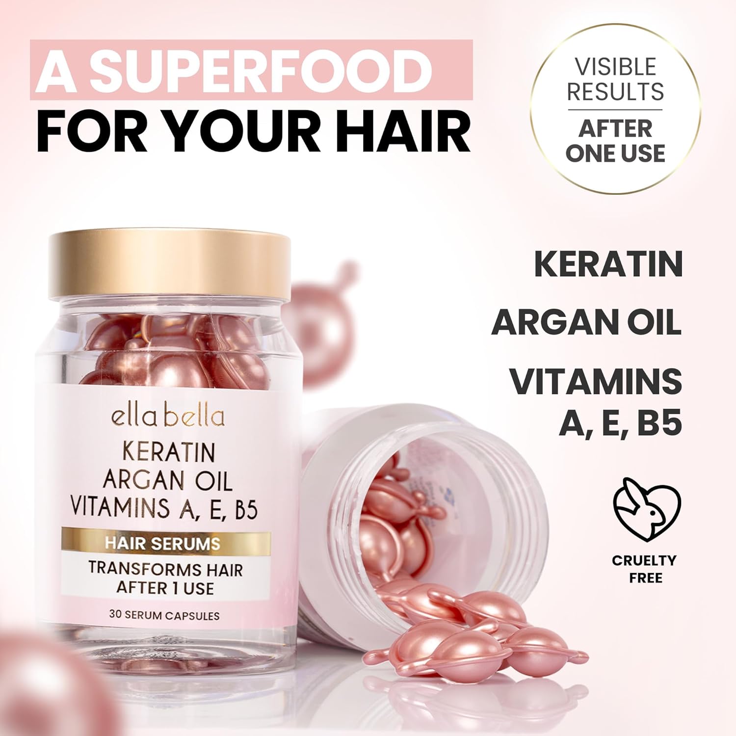 ELLA BELLA® Keratin Hair Serum with Argan Oil & Vitamins A, E, B5 – Anti-Frizz Hair Treatment & Night Repair – Hair Vitamins for Women for Smooth, Shiny, Frizz-Free Hair