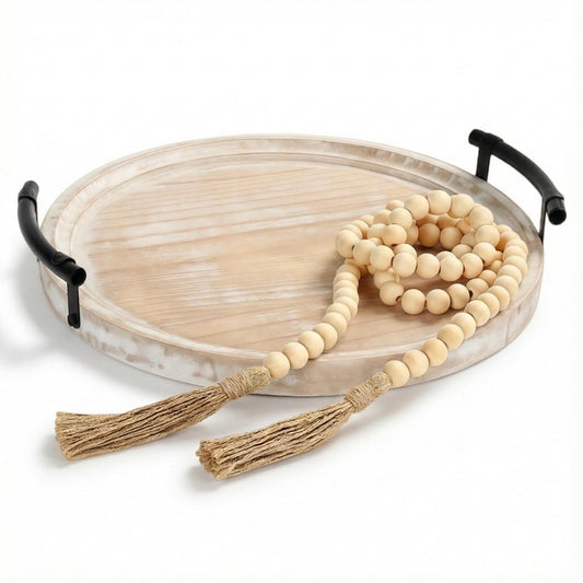 13" Round Decorative Wood Tray with Handles