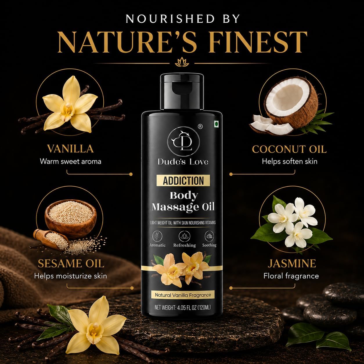 Vanilla Body Massage Oil Organic Non-Sticky Formula with Fractionated Coconut Oil, Vanilla & Jasmine Oil -Light Moisturizing Massage Therapy - 4.05 Fl Oz