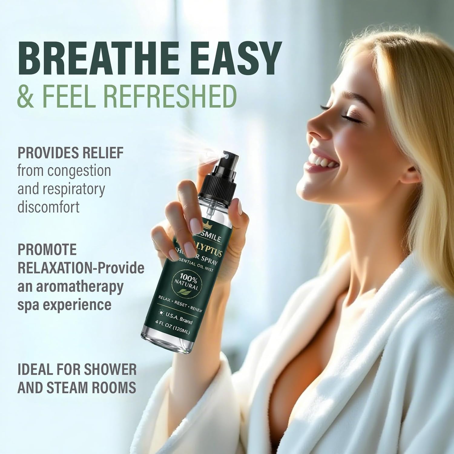 Eucalyptus Shower Spray, Pure Eucalyptus Oil Shower Mist - Sauna and Spa Steam Room Spray, At Home Spa Experience - 6.76 oz