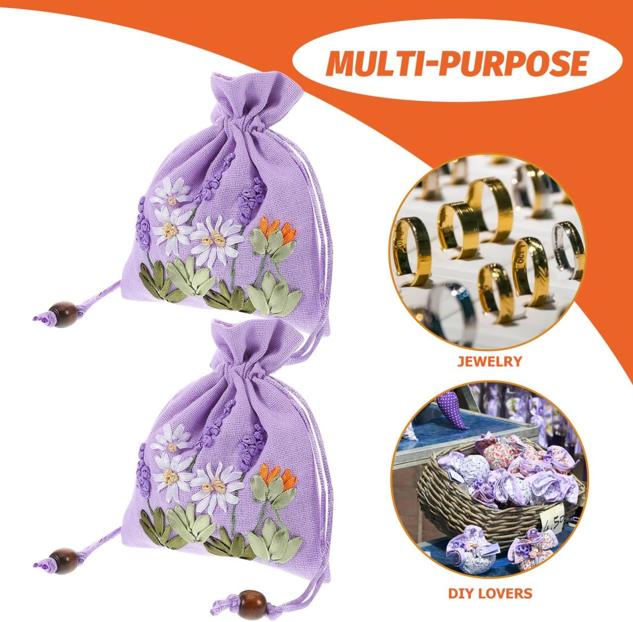 Hoement 4Pcs Embroidered Lavender Sachet Bags Small Drawstring Linen Brocade Pouches for Jewelry Storage Wedding Favor and Fragrance Packaging