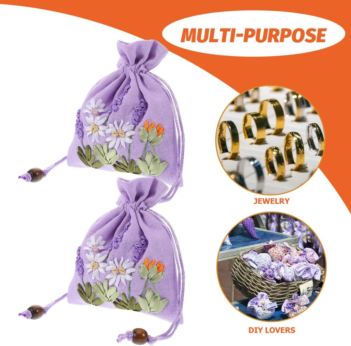 Hoement 4Pcs Embroidered Drawstring Lavender Sachet Bags Purple 14 * 11cm