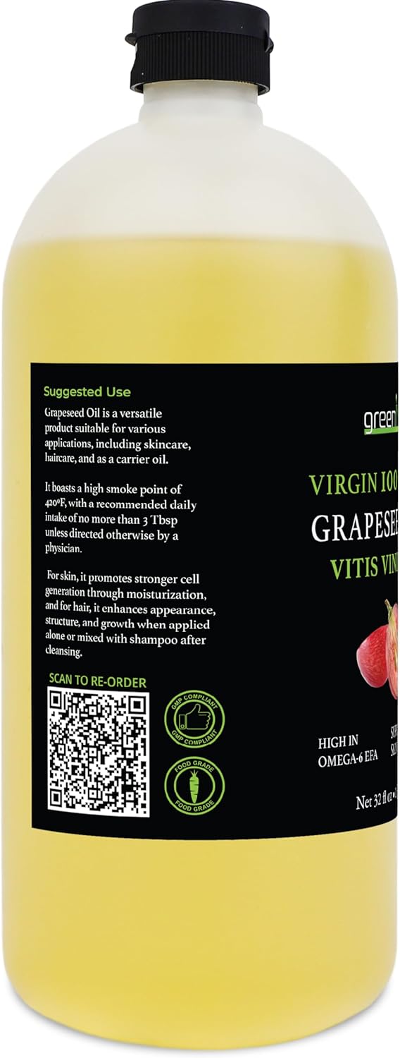 GreenIVe Grapeseed Oil Naturally Grown 100% Pure Cold Pressed Light Flavor High Tempurature Cooking 32oz