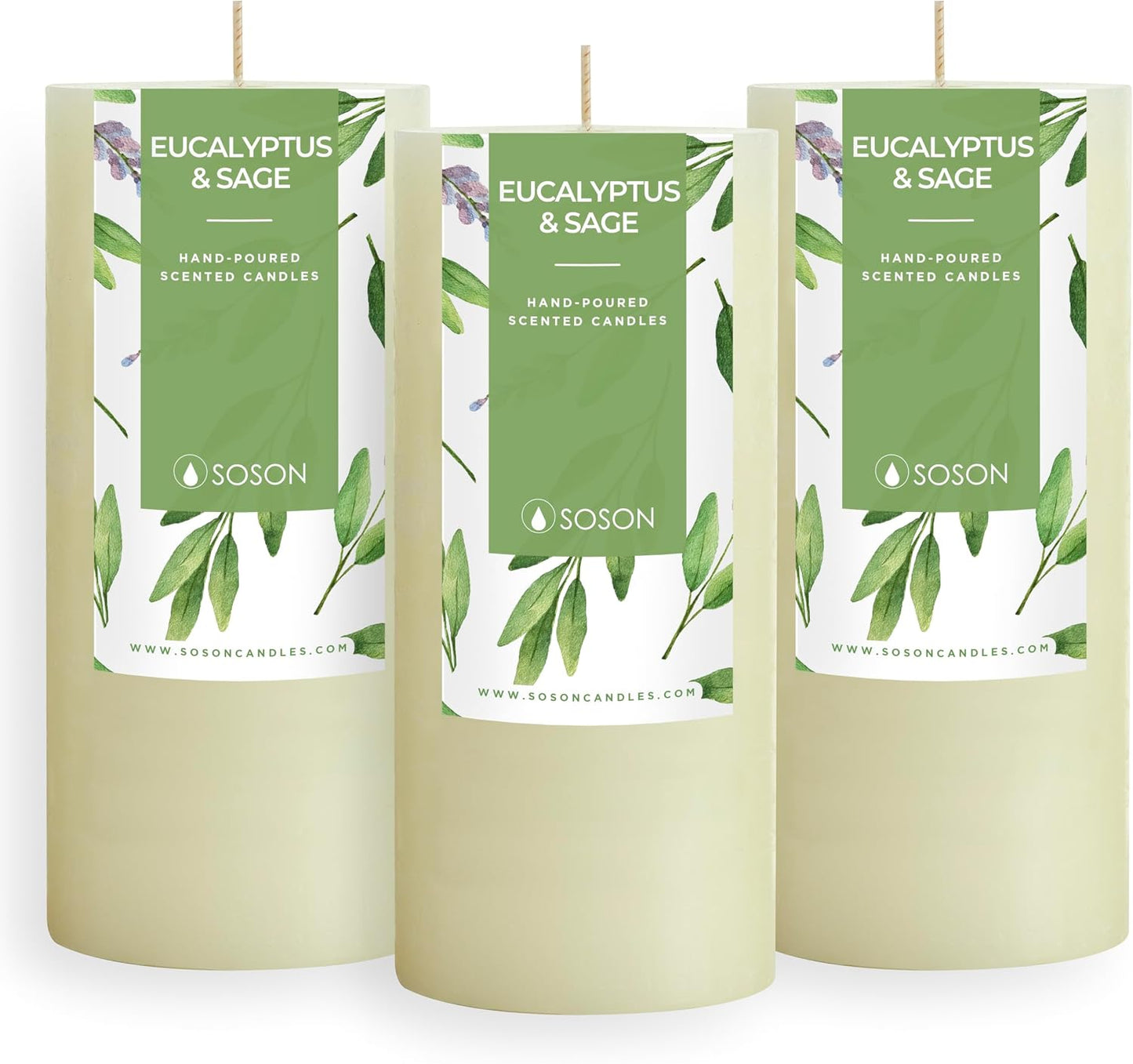 Simply Soson 3x6 inch Ivory Rustic Eucalyptus and Sage Pillar Scented Candle - 3 Pack - for Home Decor, Aromatherapy, Weddings, Restaurants, Spa, Church