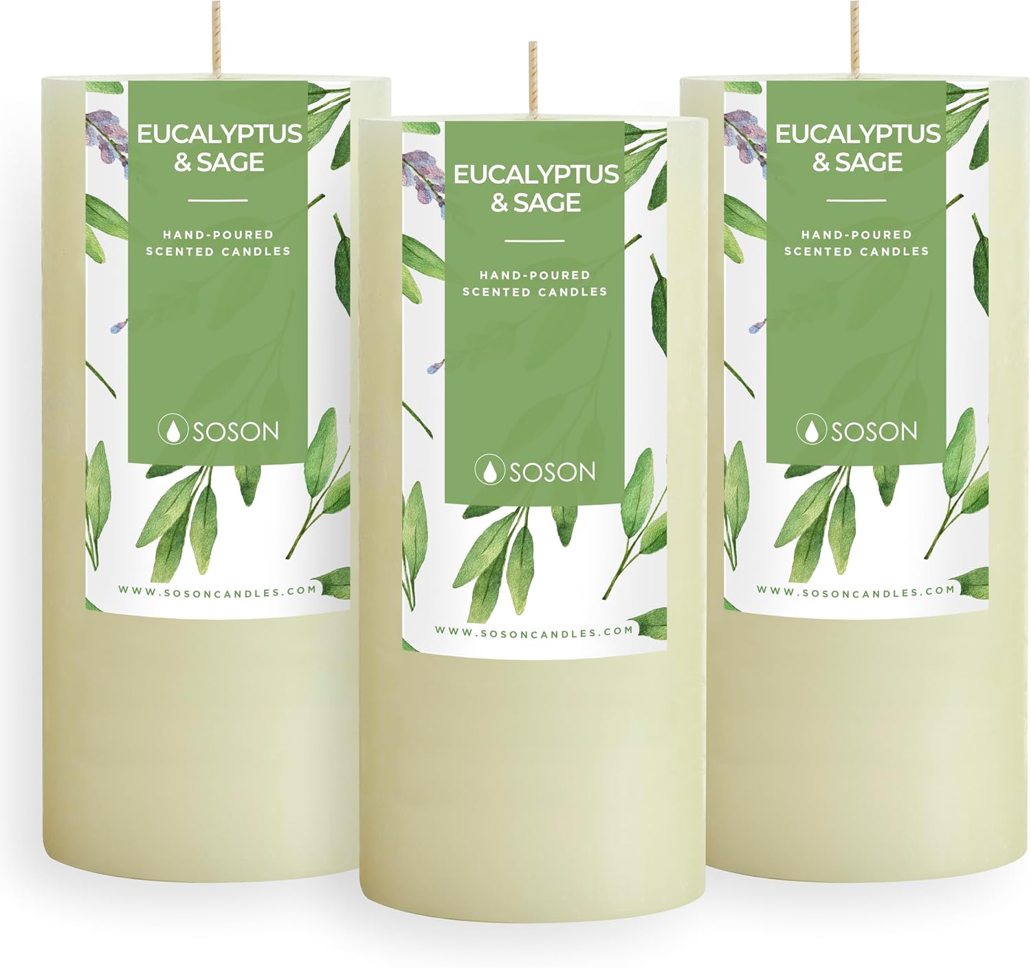 Simply Soson 3x6 inch Ivory Rustic Eucalyptus and Sage Pillar Scented Candle - 3 Pack - for Home Decor, Aromatherapy, Weddings, Restaurants, Spa, Church