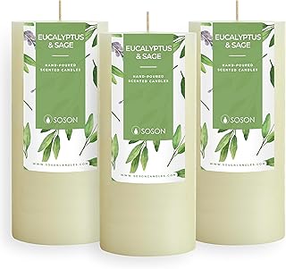Simply Soson 3x6 inch Ivory Rustic Eucalyptus and Sage Pillar Scented Candle - 3 Pack - for Home Decor, Aromatherapy, Weddings, Restaurants, Spa, Church