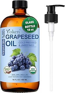 Yoken Organic Grapeseed Oil 16 oz GLASS BOTTLE - USDA 100% Pure & Natural Cold Pressed Grape Seed Carrier Oil for Skin & Hair - Single Ingredient, Hexane Free, Light & Silky Body Moisturizer