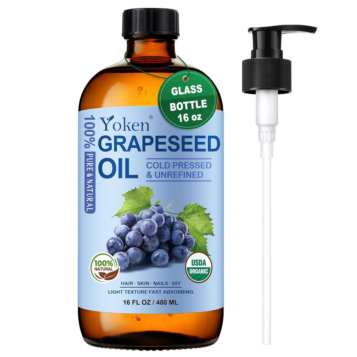 Yoken Organic Grapeseed Oil 16 oz GLASS BOTTLE - USDA 100% Pure & Natural Cold Pressed Grape Seed Carrier Oil for Skin & Hair