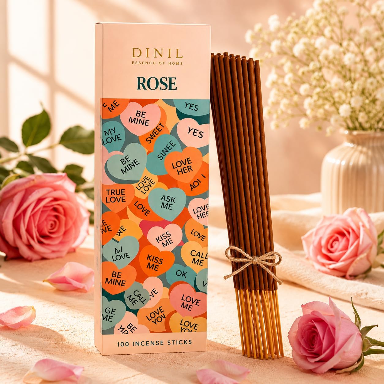 Dinil Rose Incense Sticks -100 Sticks | Hand-Rolled, Charcoal-Free | Low Smoke, Long-Lasting Clean Burn | Rose Scented | Ideal for Meditation, Yoga, Relaxation & Aromatherapy