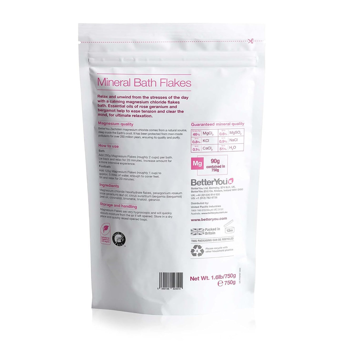 BetterYou Magnesium Relax Bath Flakes - Body Recovery Bath Salts with Magnesium - For Skin Health & Sore Muscle Relief - With Essential Oils - 1.6 lb