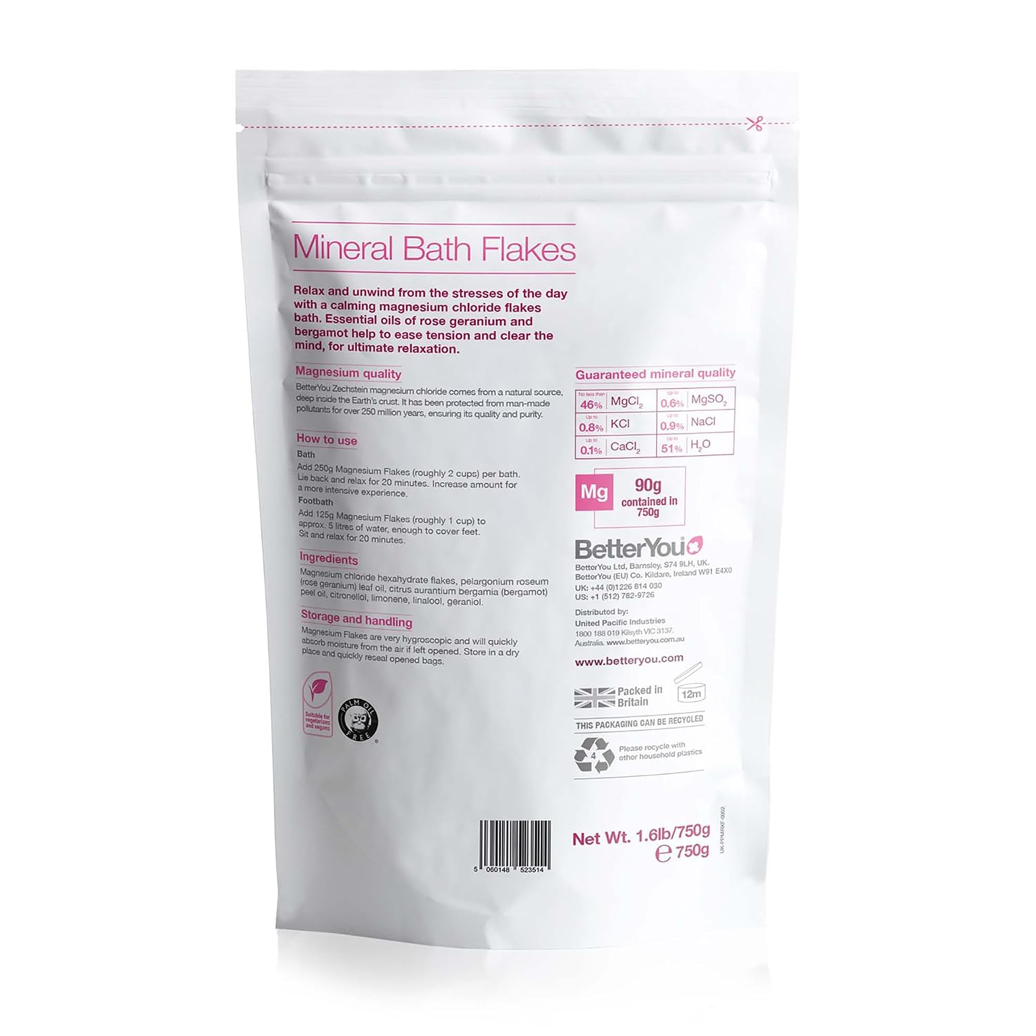 BetterYou Magnesium Relax Bath Flakes - Body Recovery Bath Salts with Magnesium - For Skin Health & Sore Muscle Relief - With Essential Oils - 1.6 lb
