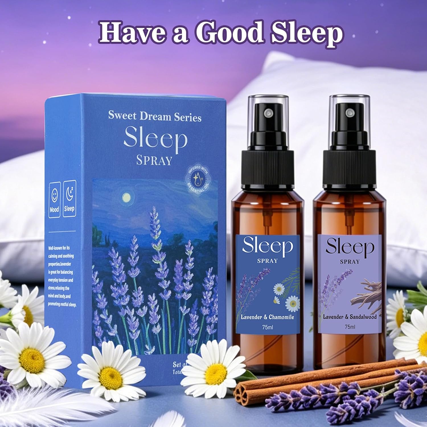 STRN Room Spray with Lavender Essential Oil for Sleep, Sleep Spray, Pillow Spray, 2 Scents - Lavender & Chamomile, Sandalwood, Sweet Dream Fragrance Mist, 75 ML x 2 Bottles