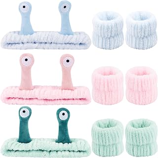 Atoden Snail Spa Headband and Wristband Set, Skincare Makeup Headband for Washing Face Cute Animal Spa Hair Bands for Women Girls Stocking Stuffers (Pink Blue Green)