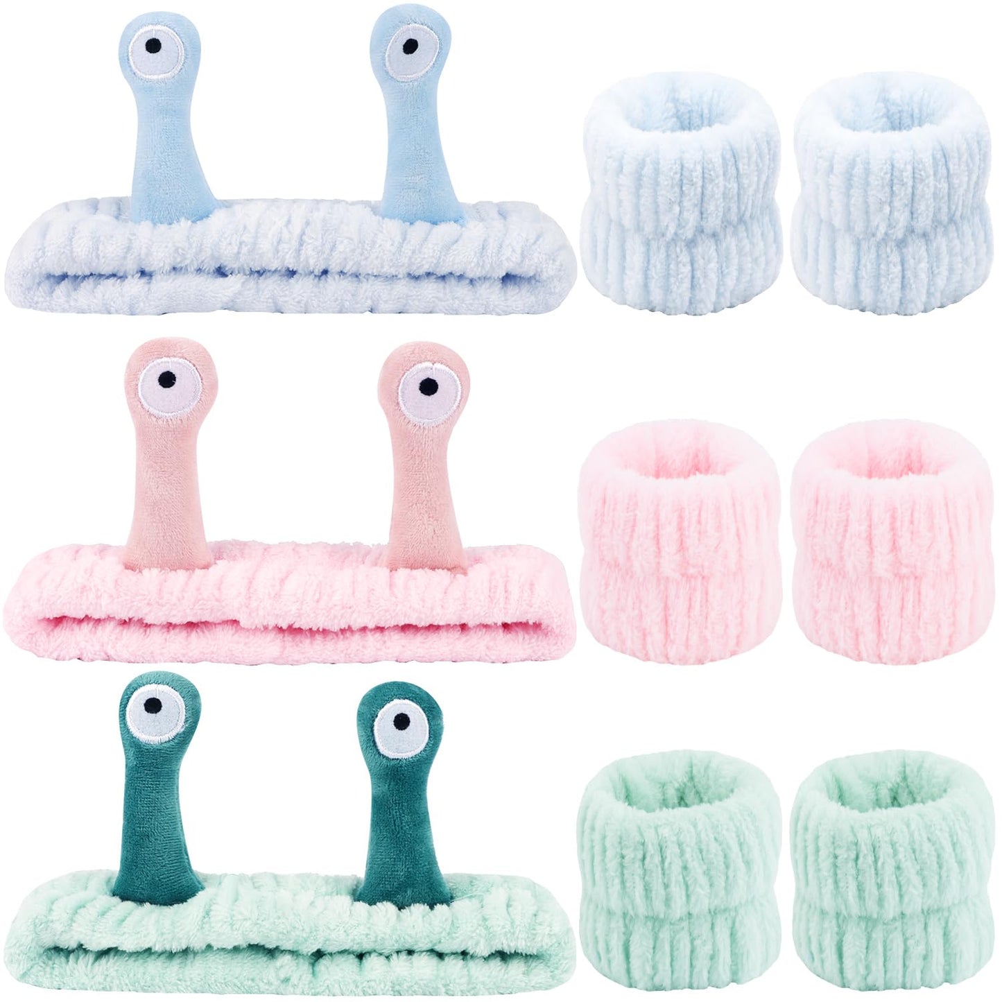 Atoden Snail Spa Headband and Wristband Set, Skincare Makeup Headband for Washing Face Cute Animal Spa Hair Bands for Women Girls Stocking Stuffers (Pink Blue Green)