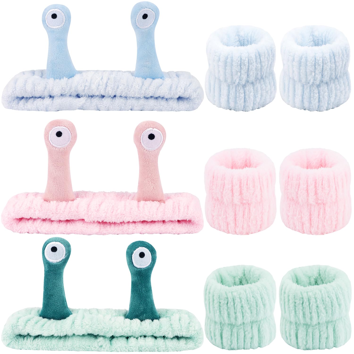 Atoden Snail Spa Headband and Wristband Set, Skincare Makeup Headband for Washing Face Cute Animal Spa Hair Bands for Women Girls Stocking Stuffers (Pink Blue Green)
