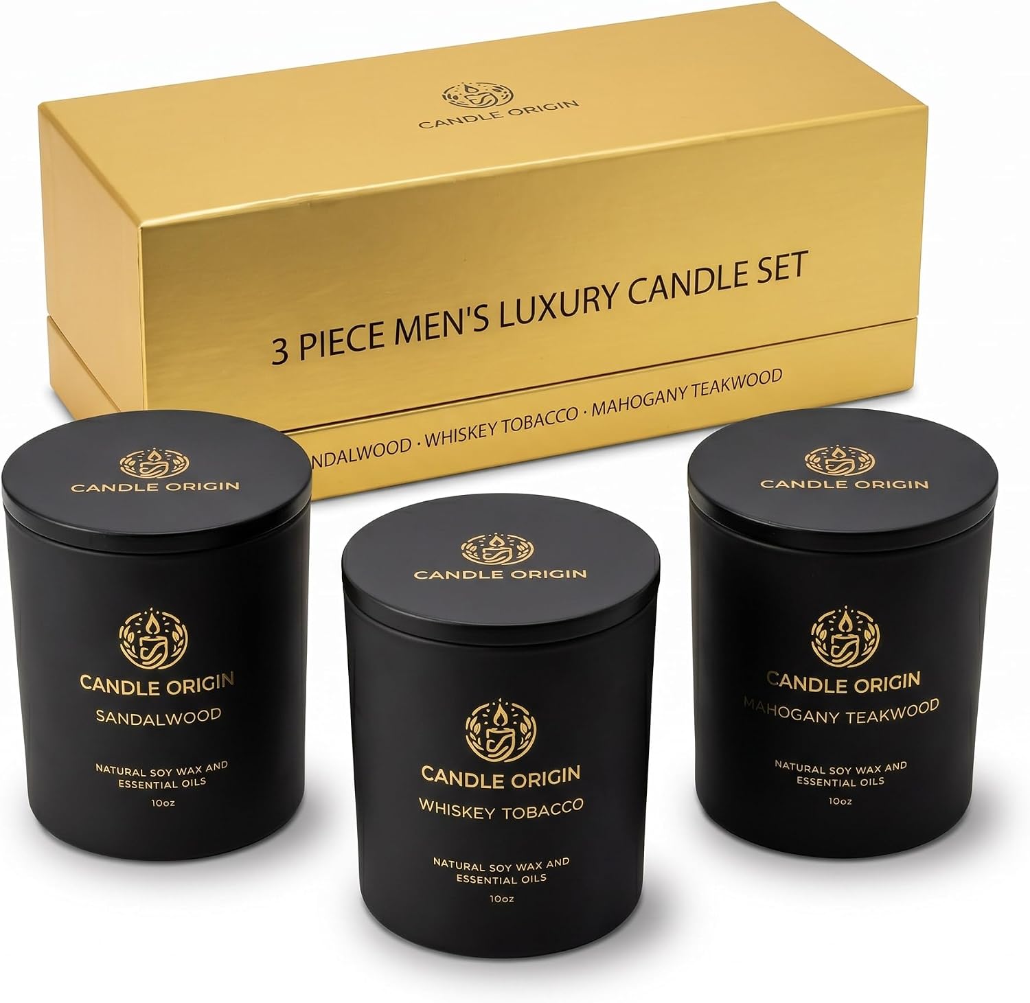 Luxury Candles for Men Gift Set (3×10oz) – Strong Masculine Scents (Mahogany Teakwood, Whiskey Tobacco, Sandalwood) – Long Lasting Soy Candles for Home, Man Cave Decor, Gifts for Him