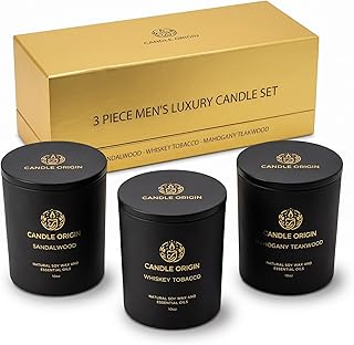 Luxury Candles for Men Gift Set (3×10oz) – Strong Masculine Scents (Mahogany Teakwood, Whiskey Tobacco, Sandalwood) – Long Lasting Soy Candles for Home, Man Cave Decor, Gifts for Him