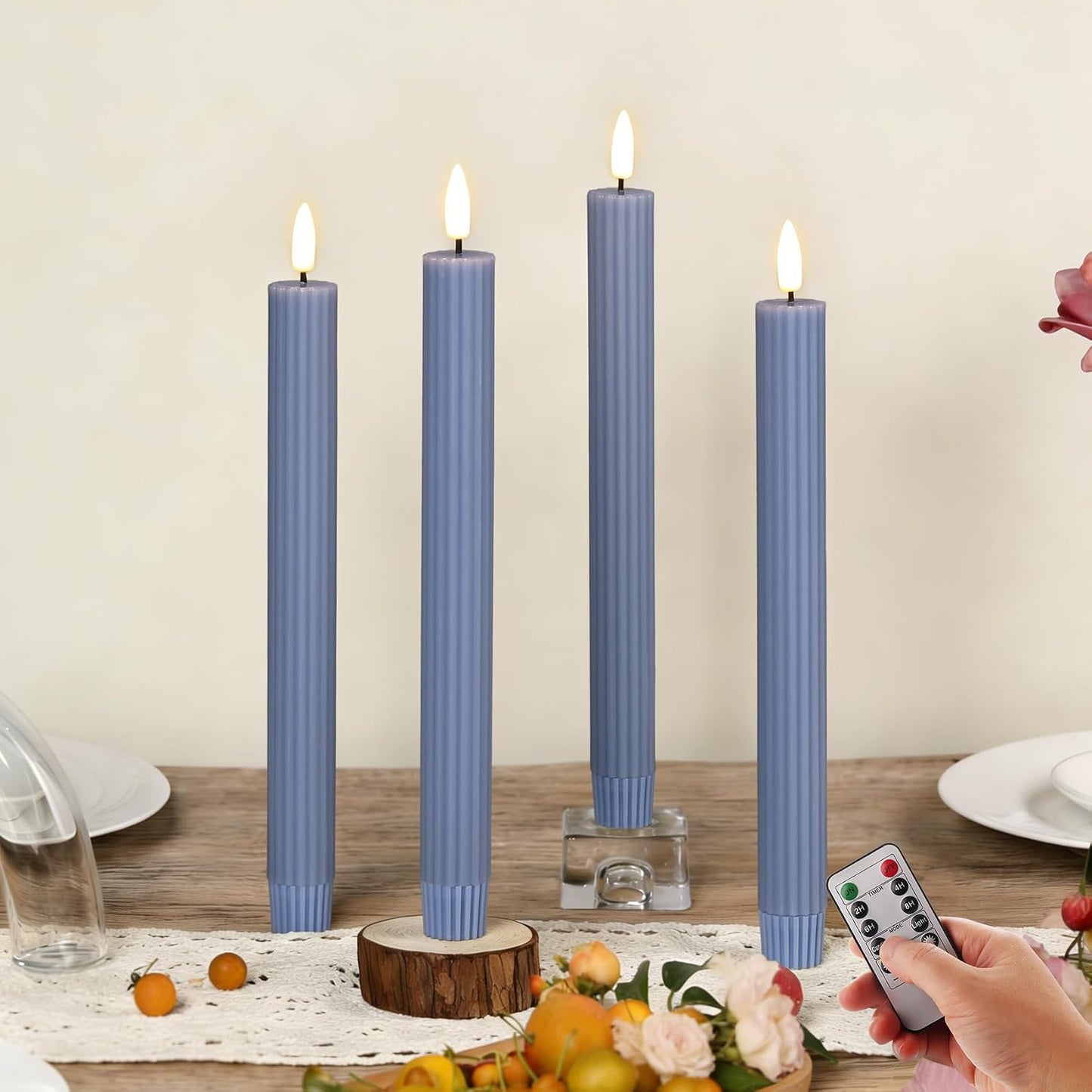 Dusty Blue Ribbed Fluted Flameless Taper Candles with Remote, Flickering Battery LED Wax Candlesticks Wedding Home Decor Set of 4