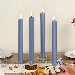Dusty Blue Ribbed Fluted Flameless Taper Candles with Remote, Flickering Battery LED Wax Candlesticks Wedding Home Decor Set of 4