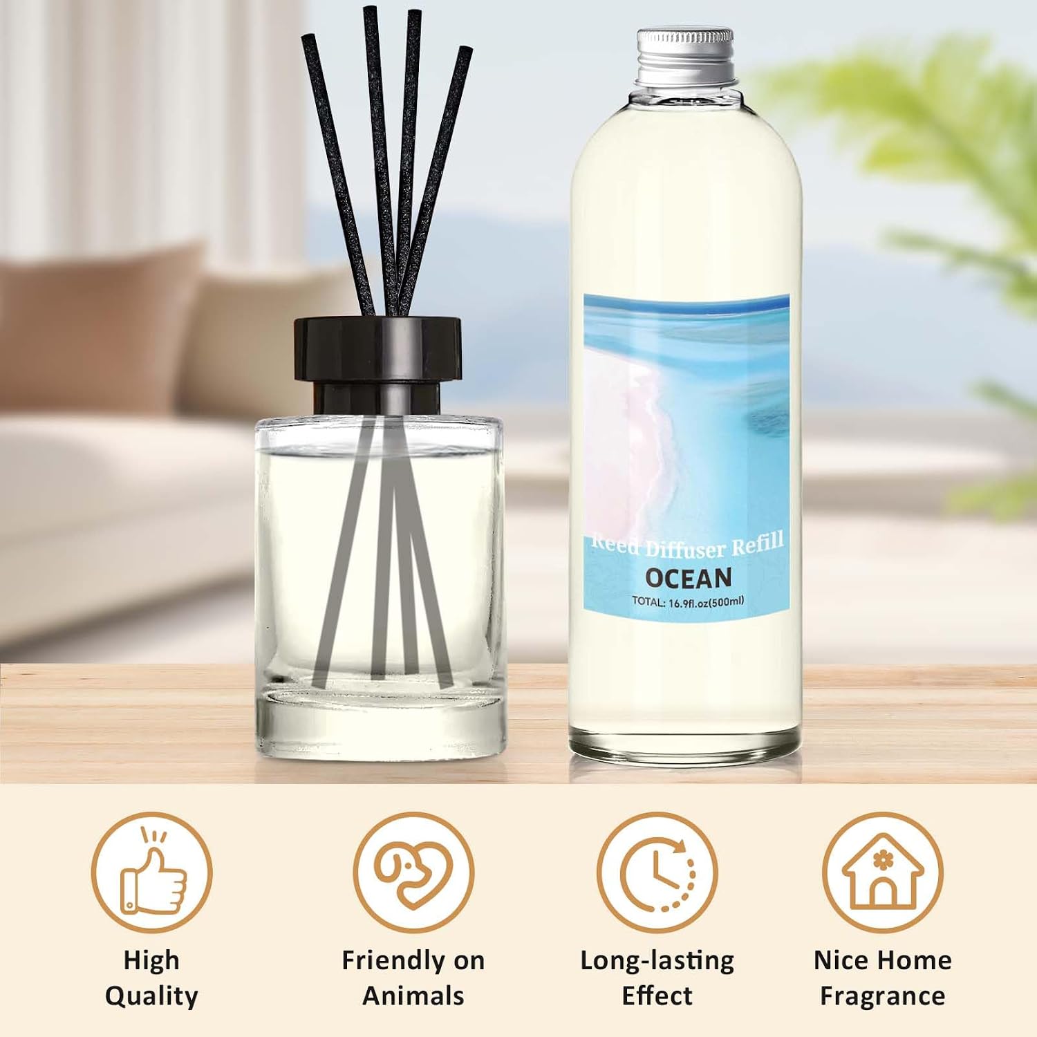 STRN Ocean Reed Diffuser Refill 500ml with 6 Natural Reed Sticks, Premium Refills Aromatherapy for Home, Long-Lasting Fragrance for Living Room, Bedroom, Office | Alcohol-Free