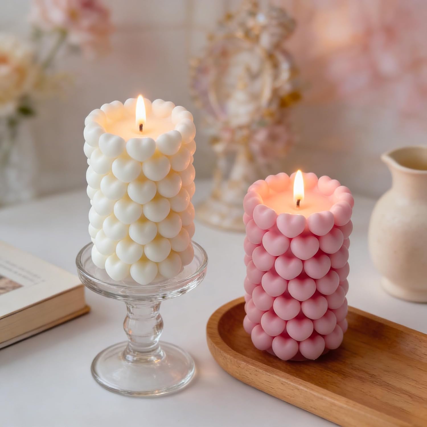 Pink Heart Shape Scented Candle,3D Love Heart Pillar Design,Natural Soy Wax Essential Oil Aroma Decorative Candle Gift for Her, Romantic Time Decor, Romantic & Aesthetic Spaces