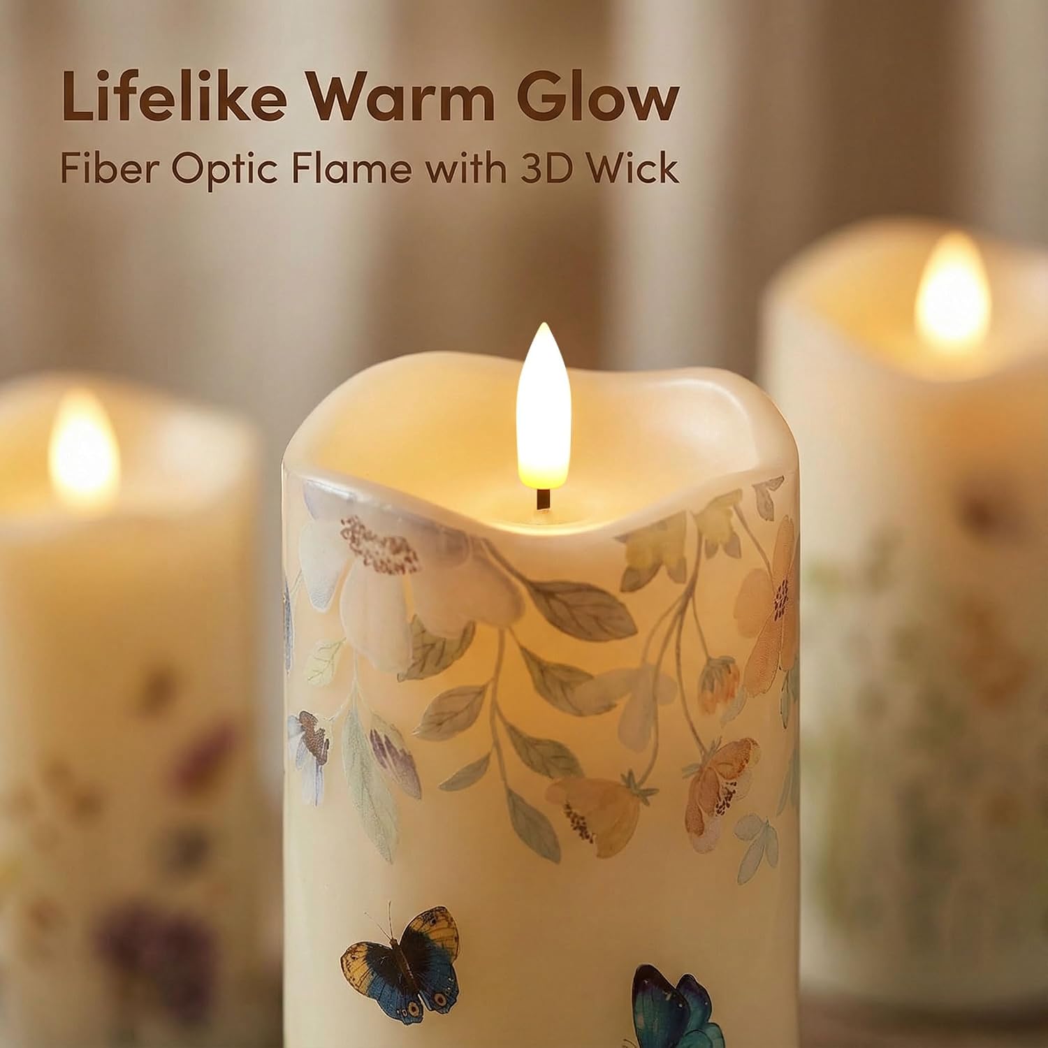 Eywamage Fiber Optic Flameless Pillar Candles with Remote Set of 3, Butterfly Floral Summer LED Candles Home Decor Φ 3" H 6"