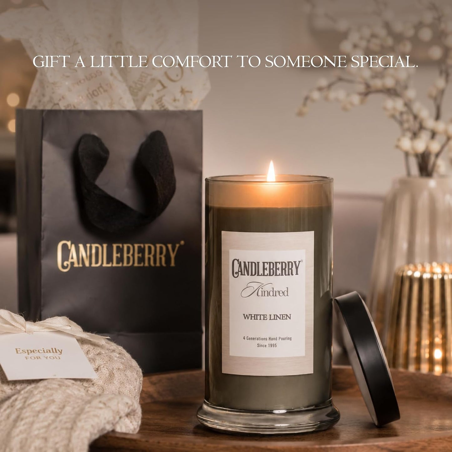Candleberry Candles Kindred Spring Summer Collection | Luxury Glass Jar | USA Hand Poured Soy Blend Candle | Highly Scented & Long Lasting | Up to 90 Hour Burn Time (White Linen)