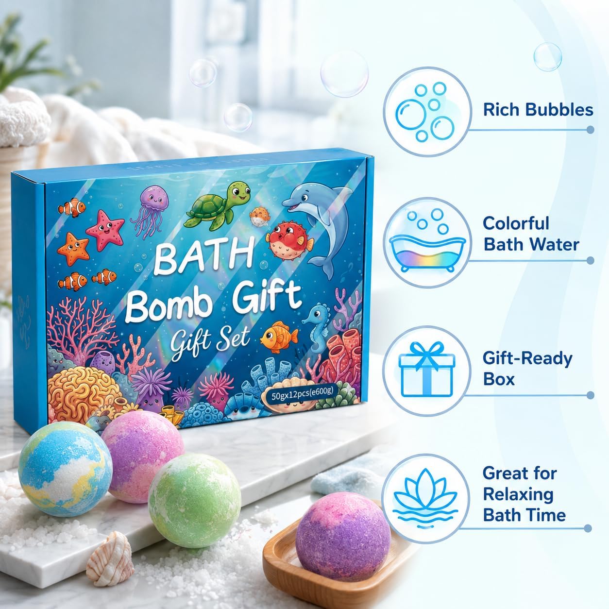 Ocean Bath Bomb Gift Set, 12 Pack Colorful Bath Fizzies, 1.76 oz Each, Bathwater Additive for Relaxing Soaks, Home Spa Bath Set for Women and Men
