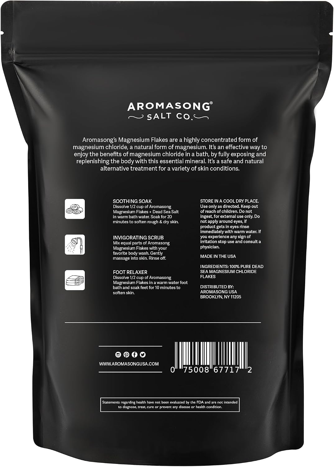 Aromasong Magnesium Flakes from The Dead Sea, 12 LB Resealable Black Bag - Muscle Relaxing Magnesium Chloride Bath Salts Soak for Headaches, Stress & Leg Discomfort
